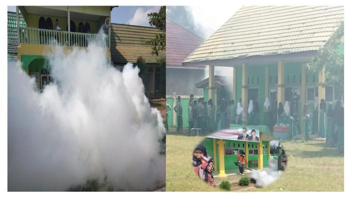 Cegah Penyebaran Virus Dengue DBD, Petugas Kesehatan Pustu Desa Rambutan Masam Lakukan Foging di MTsN 6 Batang Hari