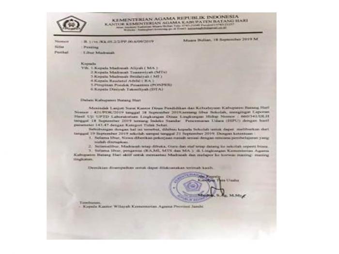 ISPU MENINGKAT DENGAN HASIL PARAMETER 143,47, LIBUR SISWA DIPERPANJANG SAMPAI TANGGAL 21 SEPTEMBER 2019