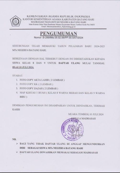 Pengumuman Daftar Ulang Kelas 8 Dan 9 TP 2024/2025 Bagi Siswa MTsN 6 Batang Hari
