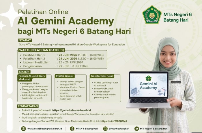 Akselerasi Transformasi Digital, GTK MTsN 6 Batang Hari Bersiap Ikuti Pelatihan Online AI Gemini Academy Akselerasi Transformasi Digital, GTK MTsN 6 Batang Hari Bersiap Ikuti Pelatihan Online AI Gemini Academy