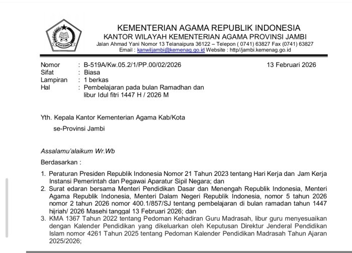 MTsNegeri 6 Batang Hari Terapkan Pola Pembelajaran Ramadan Sesuai Edaran Kanwil Kemenag Jambi